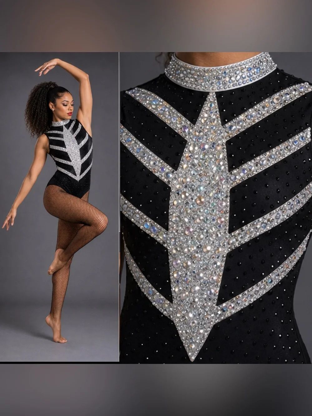 Glamour solo dance costume black white jazz broadway bedazzled MA adult